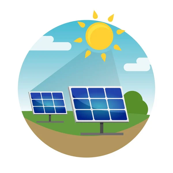 Yenilenebilir güneş ve rüzgar kaynaklarından temiz alternatif enerji. Güneş panelleri. Vektör illüstrasyonu.