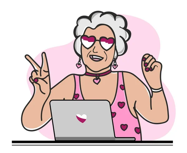 带着手提电脑的快乐奶奶一个戴着眼镜和粉色泳衣的时髦的现代老妇人. — 图库矢量图片