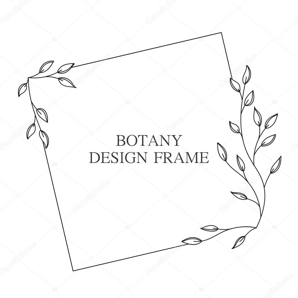 Geometric flower wreath with leaves and branches. Botany round frame isolated on white background. For wedding invitations, postcards, posters, labels of cosmetics and perfumes. Vector illustration