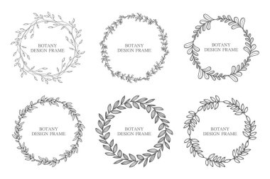 Geometrik çiçek çelenklerini yapraklar ve dallarla süsleyin. Botanik yuvarlak çerçevesi beyaz arkaplanda izole edilmiş. Düğün davetiyeleri, kartpostallar, posterler, kozmetik etiketleri ve parfümler için.. 