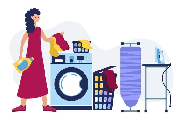 Uma Lavandaria Mulher Feliz Lavagem Máquina Lavar Roupa —  Vetores de Stock