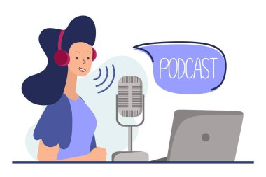 Podcast konsepti. Podcast hakkında bir illüstrasyon. Mikrofona konuşan ve masada oturan bir kız. Modaya uygun düz bir vektör 
