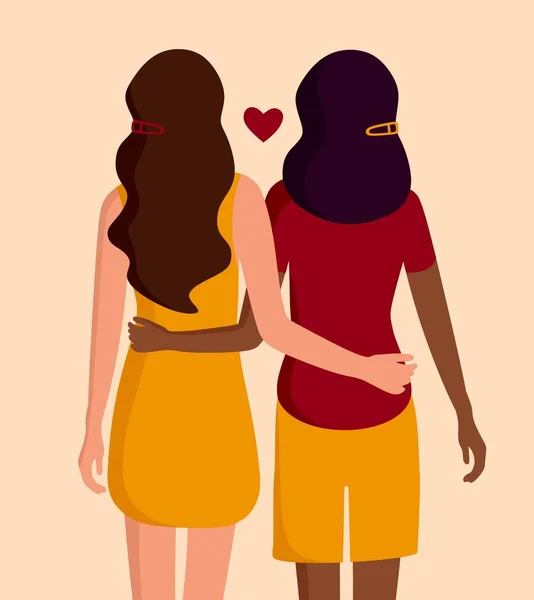 Irklar Arası Lezbiyen Çift Genç Kadınlara Sarılmak Lgbt Topluluğu Aşk — Stok Vektör