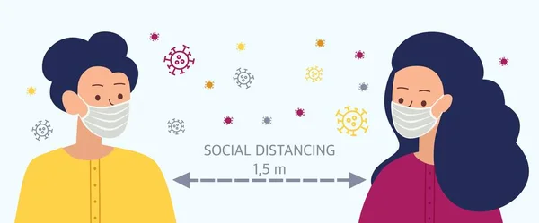 Distância social, manter uma distância na sociedade pública A ideia é parar a propagação do vírus COVID-19. Ilustrações vetoriais. —  Vetores de Stock