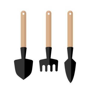 Kürek, tırmık bahçe aletleri. Bahçe bitkilerinin yetiştirilmesi. Bitki bakımı. Düz bir şekilde vektör illüstrasyonu.