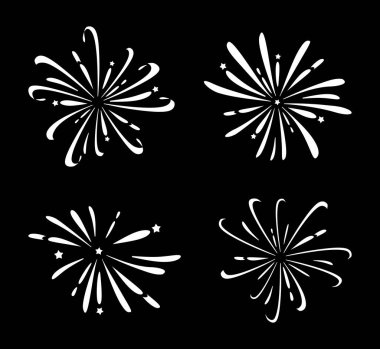 Havai fişekler siyah arka planda beyazdır. Havai fişek seti. Vektör illüstrasyonu.