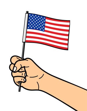 Amerika Birleşik Devletleri bayrağının ulusal sembolü, beyaz arka planda izole edilmiş. Ulusal bayrak elinde. Düz bir şekilde vektör illüstrasyonu.