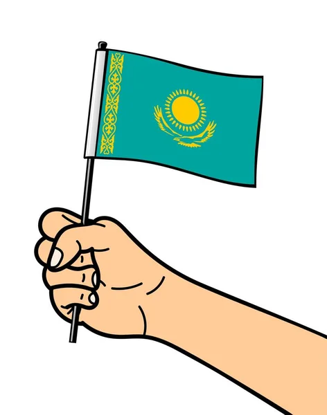 Beyaz arka planda izole edilmiş Kazakistan bayrağının devlet sembolü. Ulusal bayrak elinde. Düz bir şekilde vektör illüstrasyonu.