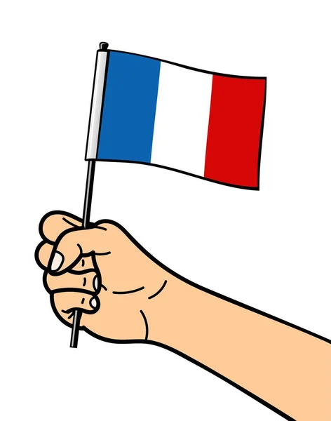 白い背景に隔離されたフランスの国旗の国章 国旗を手に 平面図のベクトル図 — ストックベクタ