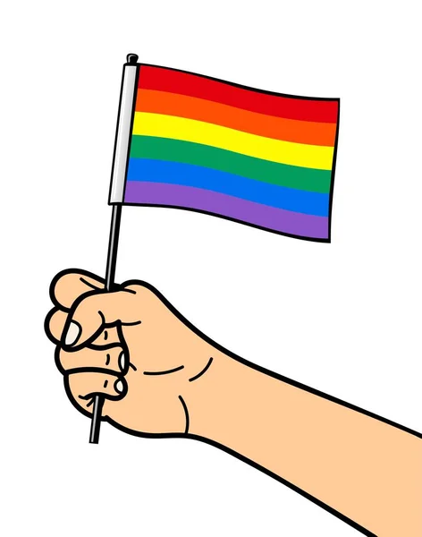 O símbolo é a bandeira da comunidade LGBT, isolada em um fundo branco. Bandeira na mão. Ilustração vetorial —  Vetores de Stock