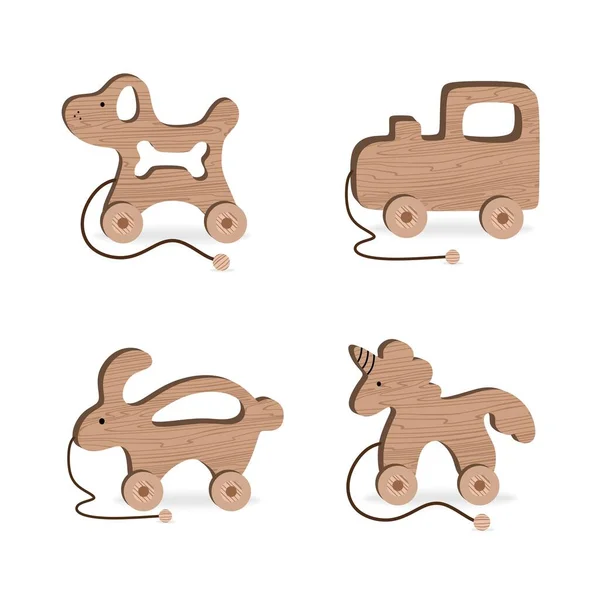Jouets pour enfants Jeux et divertissement pour enfants Set Locomotive chien en bois lapin licorne Illustration vectorielle — Image vectorielle