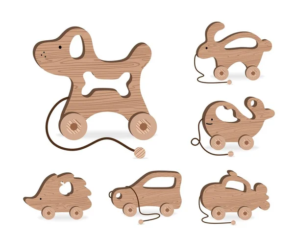 Детские игрушки для детских игр и развлечений Set Wooden Dog Rabbit Whale Hedgehog Car Submarine Vector illustration — стоковый вектор