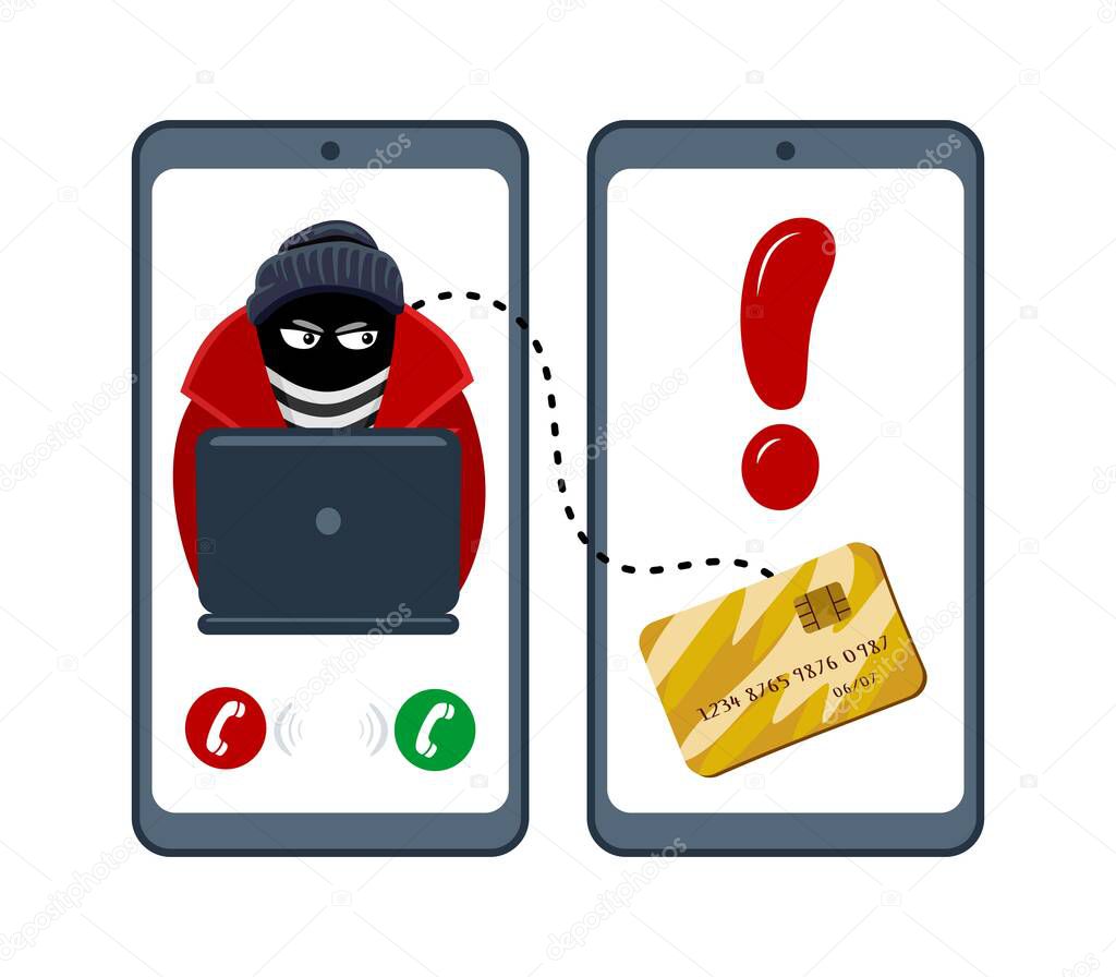 Online fraud. A criminal, a robber in a black mask steal personal information from a computer. The concept of internet activity or security hacking. Cartoon vector 