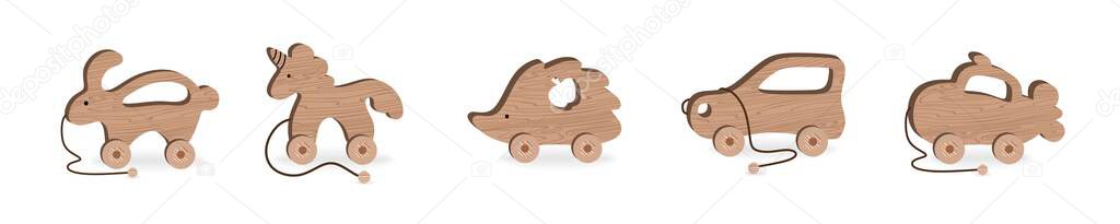 Children's toys for Children's Games and Entertainment set Wooden Hedgehog machine Hippo Whale Submarine Turtle Vector Illustration on white background