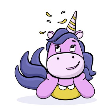 Komik tek boynuzlu at. Şirin, düşünceli bir çizgi film karakteri. Kartpostallar, posterler, kitap çizimleri için. Vektör illüstrasyonu 