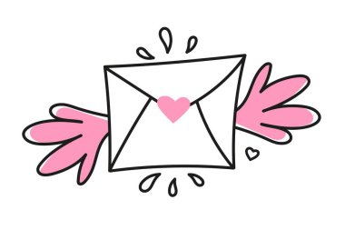 Sevgililer Günü için taşıyıcı madde zarfı. Doğrusal bir şekilde elle çizilmiş aşk sembolleri. Bir beyazda izole edilmiş. 