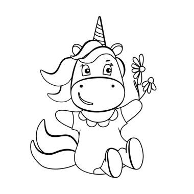 Papatya çiçeği boyama kitabı olan komik tek boynuzlu at. Siyah-beyaz tarzında şirin bir midilli karakteri. Kartpostallar, posterler, kitap çizimleri için. Vektör illüstrasyonu 