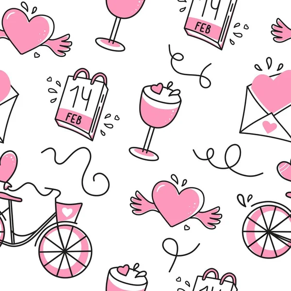无缝隙图案的香槟酒自行车情人节和心脏在白色的背景 在情人节用于纺织品 包装纸 纪念品 — 图库矢量图片