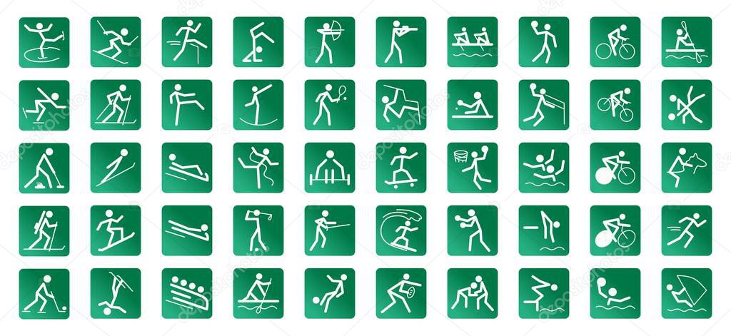 A set of 50 icons dedicated to sports and games, vector illustration in a flat 