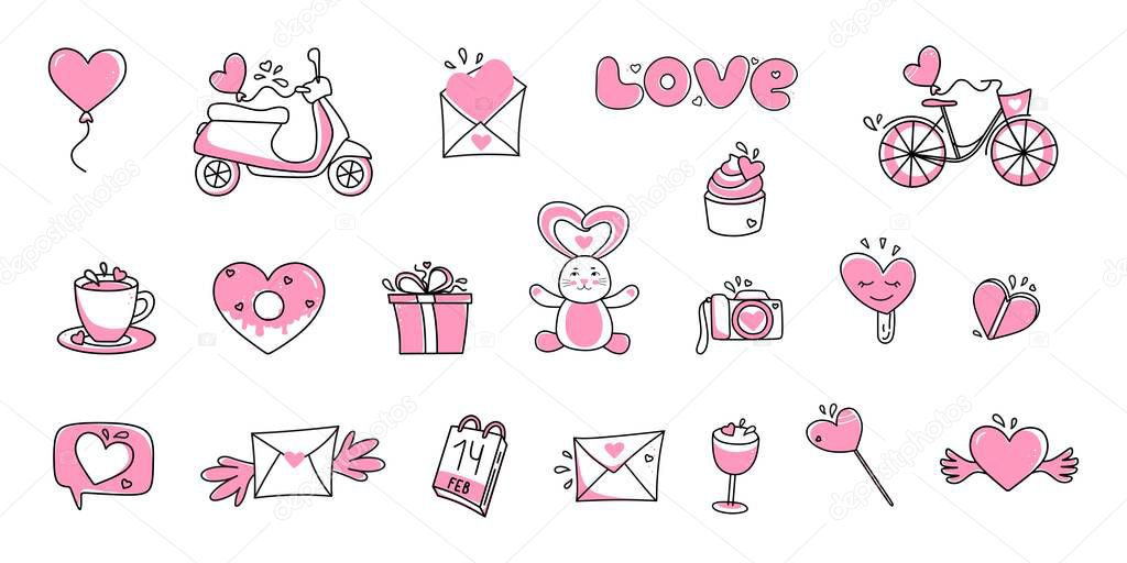 Vector set of icons for Valentines Day. Hand-drawn love symbols in a linear style. Isolated on a white 
