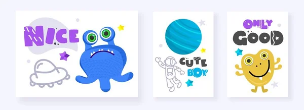 Funny Space Monster Cute Alien Planets Rockets Ufos Postcards Cards — 图库矢量图片
