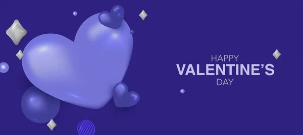 Happy Valentines day template with hearts and highlights. Banner for the holiday with hearts and highlights in Very Peri color. The layout of the holiday. Vector image in three-dimensional — 图库矢量图片