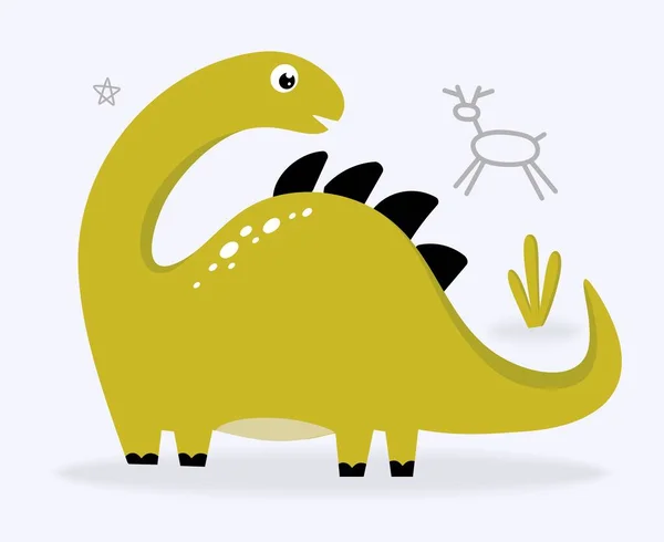 Αστεία χαριτωμένο δεινόσαυρος πράσινο σε ένα ελαφρύ φόντο. Για υφάσματα, χαρτί συσκευασίας, αφίσες, υπόβαθρα, διακόσμηση παιδικών πάρτι. Εικονογράφηση διανύσματος — Διανυσματικό Αρχείο