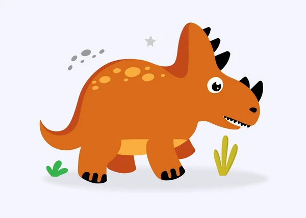 Αστείος χαριτωμένος δεινόσαυρος πορτοκαλί σε ένα ελαφρύ φόντο. Για υφάσματα, χαρτί συσκευασίας, αφίσες, υπόβαθρα, διακόσμηση παιδικών πάρτι. Εικονογράφηση διανύσματος — Διανυσματικό Αρχείο
