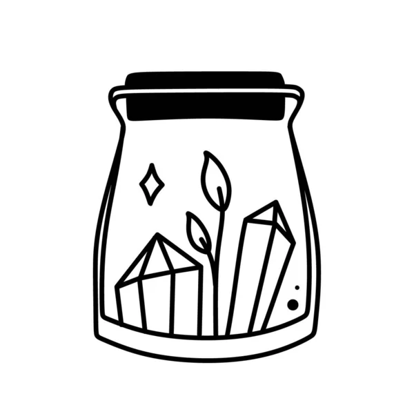 Pot Verre Avec Des Cristaux Magiques Symboles Magiques Gribouille Main — Image vectorielle