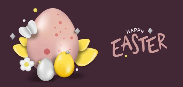 Easter Day Design Realistic Easter Eggs Burgundy Background Holiday Banner — Stock Vector