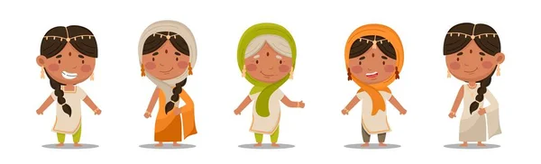 インドの女性はかわいいと楽しいセットです フラット漫画のベクトルイラスト — ストックベクタ