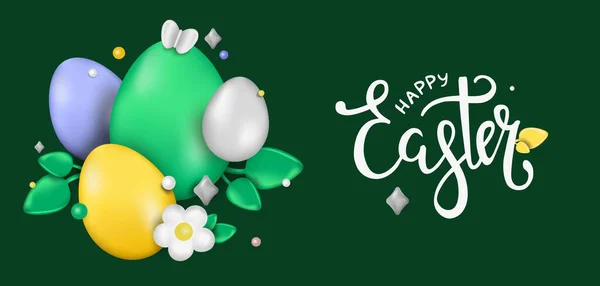 Design Velikonoc Realistická Velikonoční Vajíčka Zeleném Pozadí Prázdninový Nápis Webový — Stockový vektor