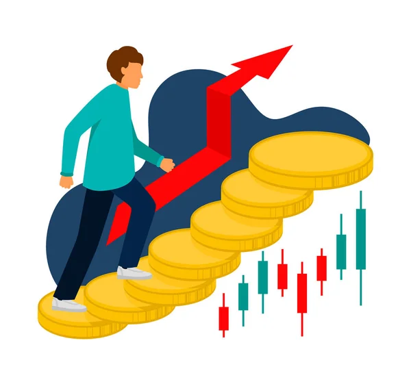 The trader moves up the charts. Trading, quotes, stocks, investment concept. Flat cartoon vector illustration — Stock Vector