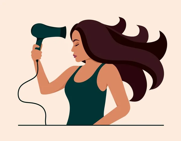 La chica se seca el pelo con un secador de pelo. Productos para el cuidado del cabello. Ilustración vectorial en un estilo plano. — Archivo Imágenes Vectoriales