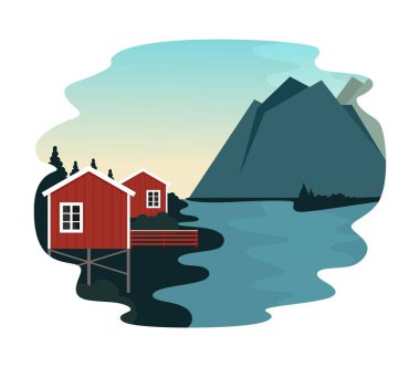 Dağlardaki köy, kuzey dağ vadisinin manzarasında kırmızı evler var. Nehir ve gölün kıyısındaki bir dağ köyünde dinlen. Düz bir şekilde vektör illüstrasyonu.