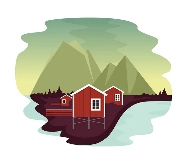 หมู่บ้านในภูมิทัศน์ภูเขาของหุบเขาทางตอนเหนือของภูเขาที่มีบ้านสีแดง พักผ่อนในหมู่บ้านภูเขาบนชายฝั่งของทะเลสาบและแม่น้ํา ภาพเวกเตอร์ในสไตล์แบน . — ภาพเวกเตอร์สต็อก