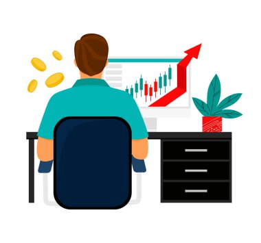 Tüccar bilgisayardaki çizelgeleri takip ediyor. Ticaret, tırnak içinde, hisse senedi, yatırım konsepti. Düz çizgi film vektörü 