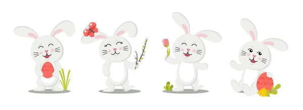 Cute Funny Bunnies Theme Happy Easter Rabbits Eggs Willow Vector — Stock Vector