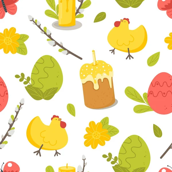 Wzór Wielkanocny Ciastem Jaj Kurczaka Białym Tle Ilustracja Wektora Stylu — Wektor stockowy
