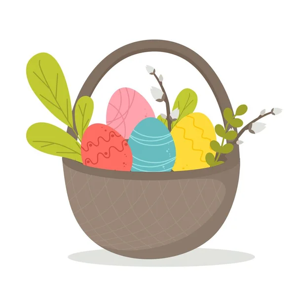 Basket Colorful Eggs Willow Easter Vector Illustration Flat Style Isolated — Stock Vector