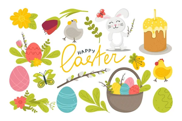Zestaw Happy Easter Holiday Króliczymi Jajkami Kwiatami Wierzbą Innymi Atrybutami — Wektor stockowy