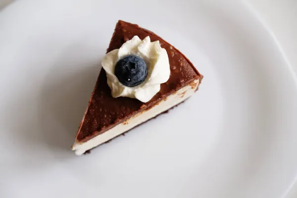 Slice Pigeon Milk Cake White Plate Chocolate Blueberry Cream Garnish — Stock Photo, Image