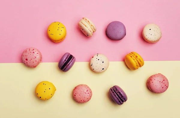 French Dessert Colorful Macarons Two Tone Pink Beige Geometric Background — Stock Photo, Image