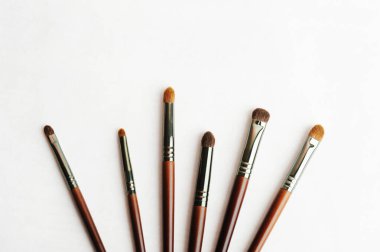 Beyaz arka planda makyaj fırçaları, kopyalama alanı. Güzellik konsepti