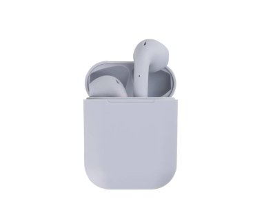 Two grey wireless headphones in a case on a white background