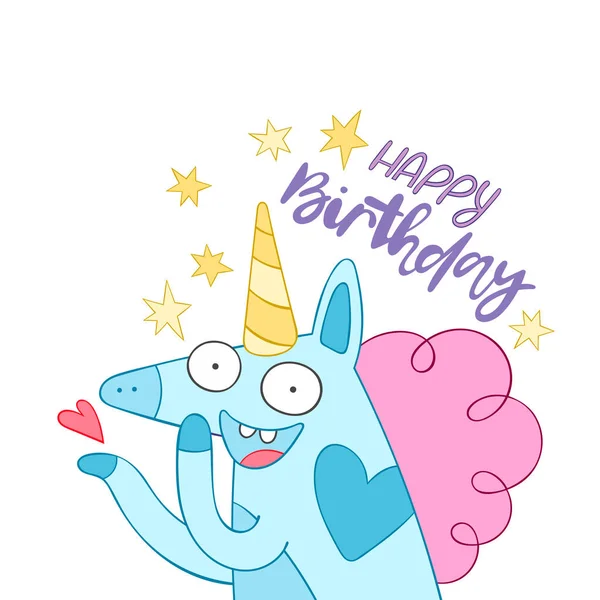 Feliz Cumpleaños Cartel Navideño Tarjeta Celebración Lindo Unicornio Personaje Dibujos — Vector de stock