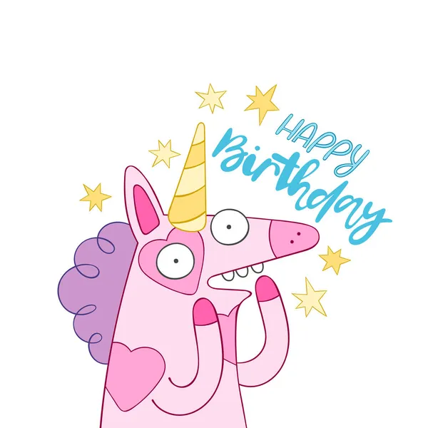 Feliz Cumpleaños Cartel Navideño Tarjeta Celebración Lindo Unicornio Personaje Dibujos — Vector de stock