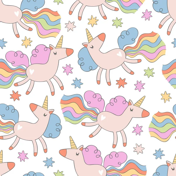 Cute cartoon unicorns. Rainbow and stars. Seamless vector pattern (background). Magic print.