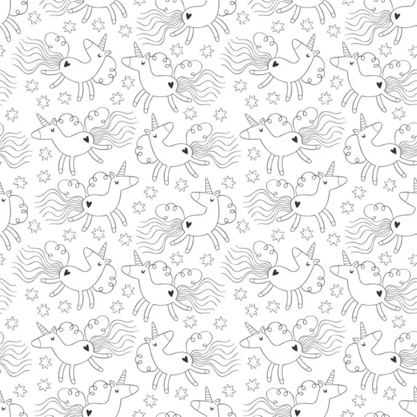 Cute cartoon unicorns. Rainbow and stars. Seamless vector pattern (background). Magic print.