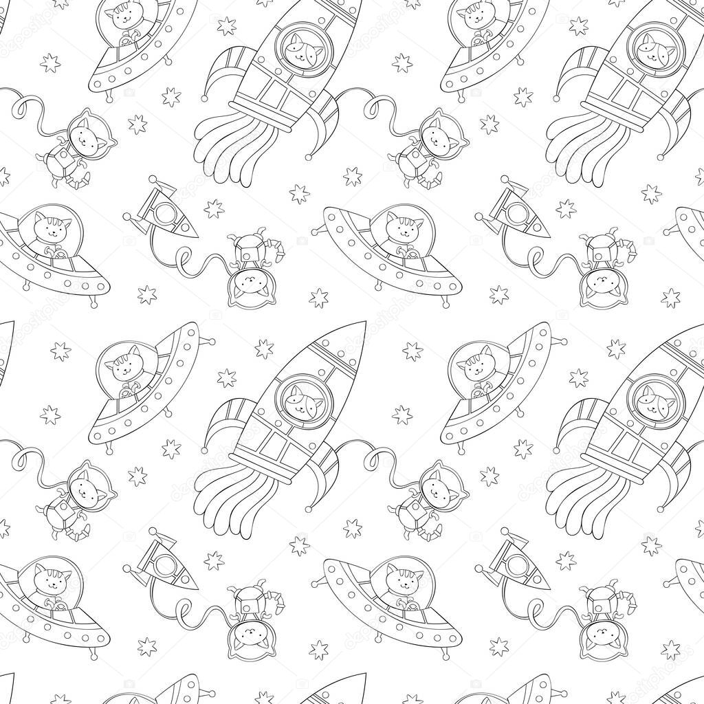 Cosmonaut cat. Rocket - spaceship. Flying saucer - aliens. Cartoon character. Stars print. Seamless vector pattern (background).